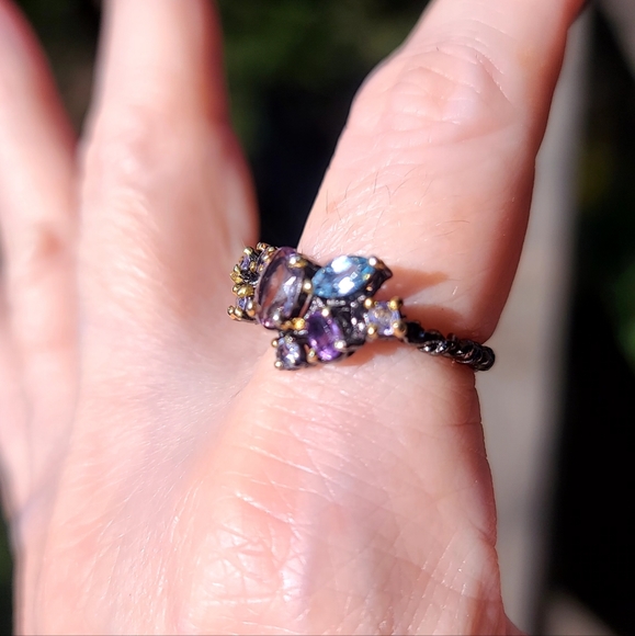 Amethyst Tanzanite & Aquamarine cluster Sterling ring sz 9 - Picture 6 of 9
